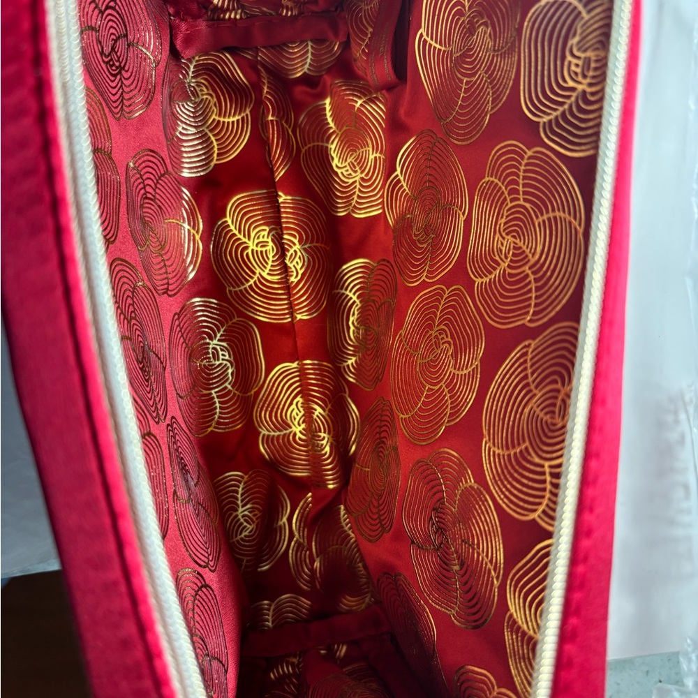 CHANEL Red with gold camellia flowers Cosmetic Bag 8 x 4 1/2 x 2 New - Picture 2 of 7